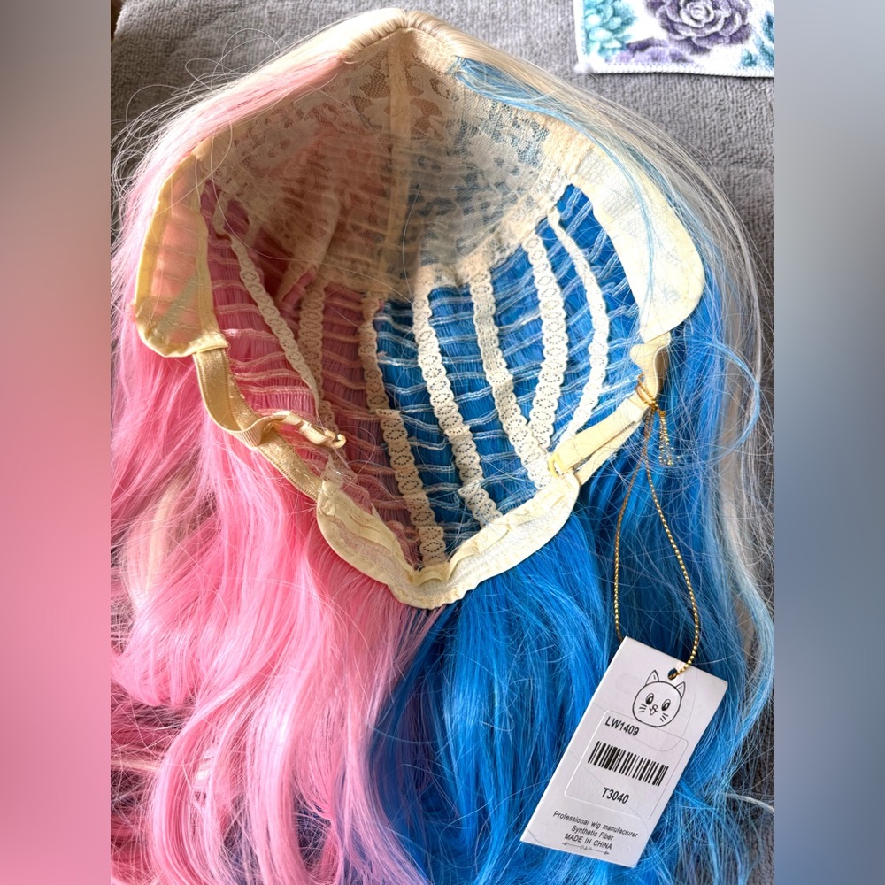 Blonde Wig with Pink & Blue Ombre Curls Halloween / Costume Party / Play NEW - Picture 3 of 9